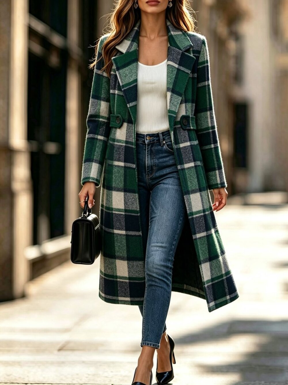 Green Casual Women's Long Sleeve Lapel Plaid Button Pocket Belt Coat